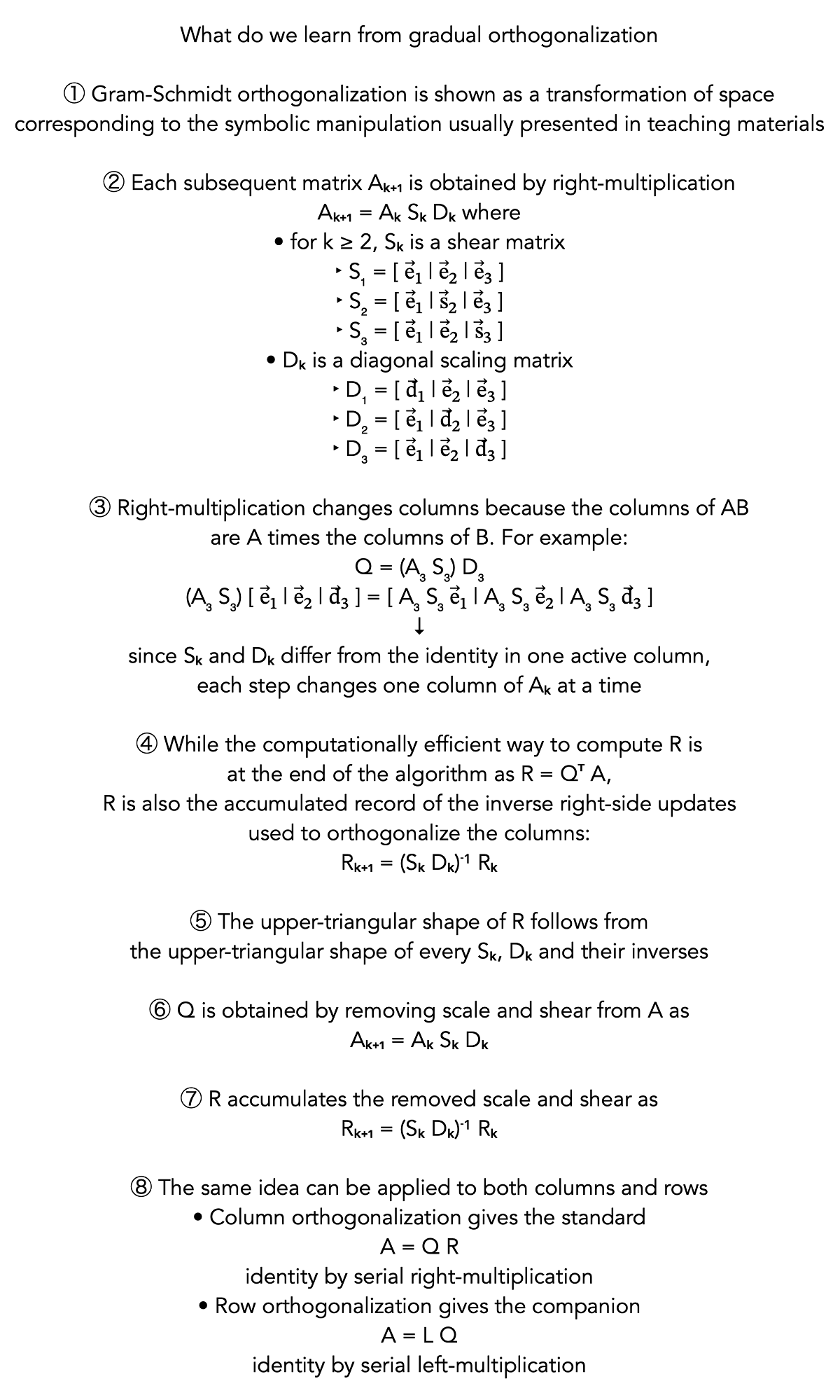 Summary diagram explaining what is learned from gradual orthogonalization, including right-multiplication by shear and scaling matrices, accumulation into R and the connection to QR and LQ factorizations.